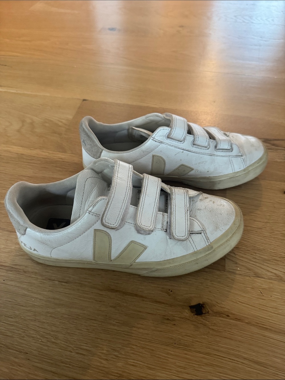Veja Kids White Velcro Sneakers with Beige Logo